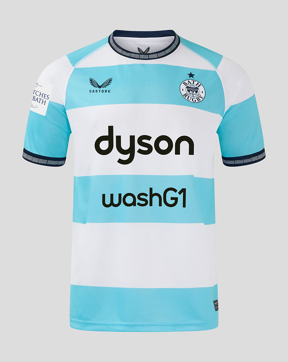 Bath Rugby Euro shirt front view with turquoise white horizontal stripes and Dyson sponsor across the chest and washG1