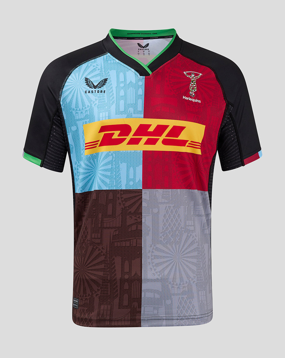 Front view of Harlequins 24/25 Home Shirt with multicolor blocks, DHL sponsor and club crest