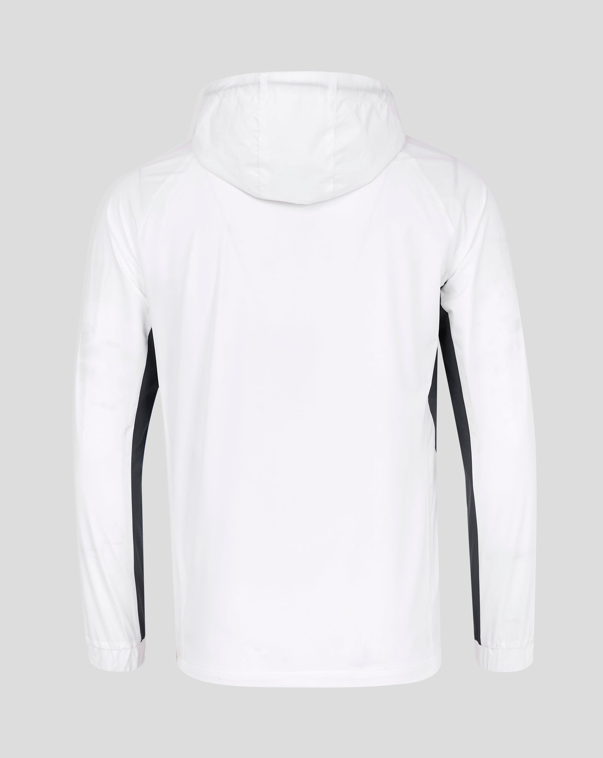 Back view of white Rangers 24/25 Men's Pro Players Training Rain Jacket showing a hood and clean rear with navy side panels