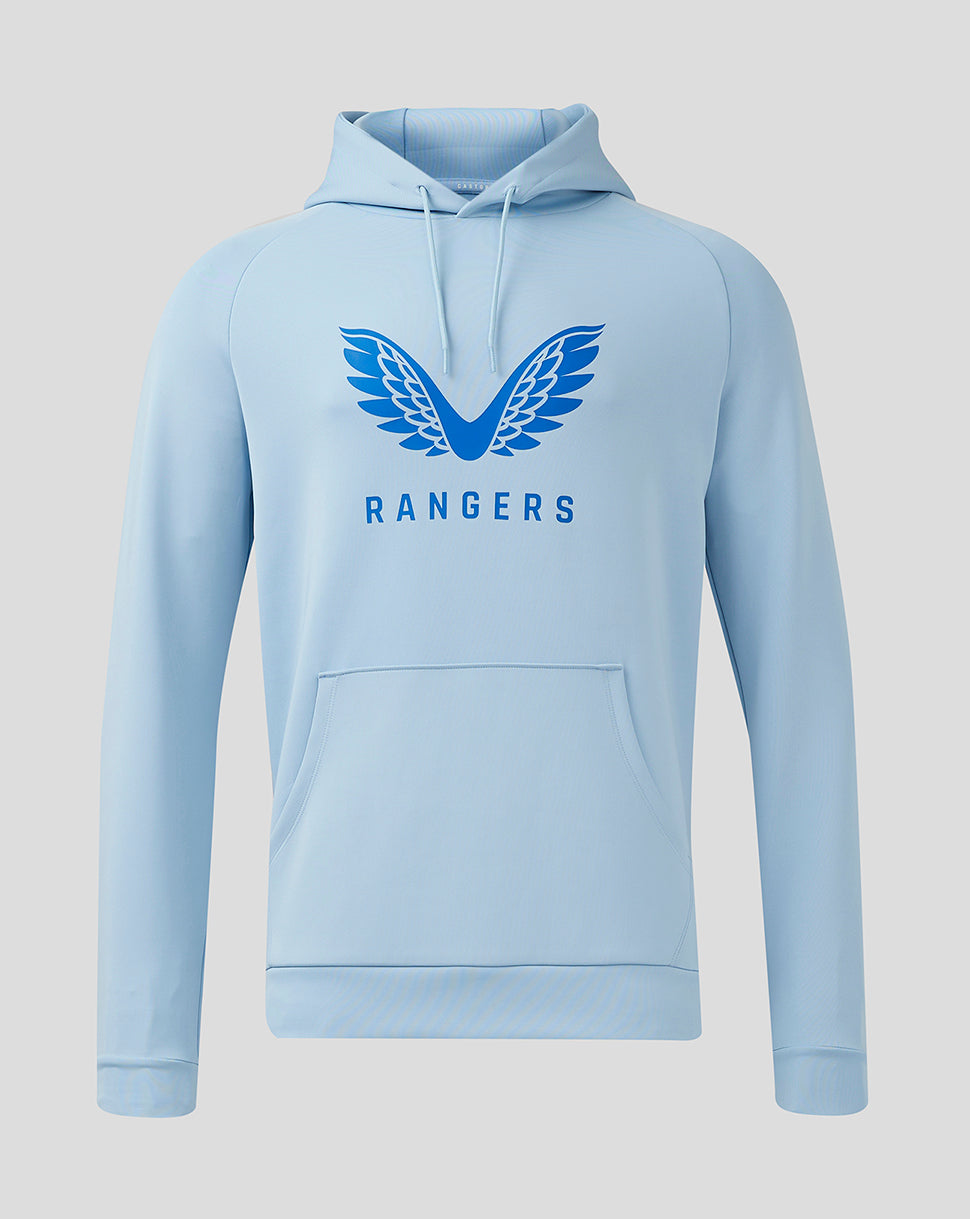 Women's Rangers Pro Players Flex Logo Hoodie in light blue with a large blue wing logo on the chest and kangaroo pocket