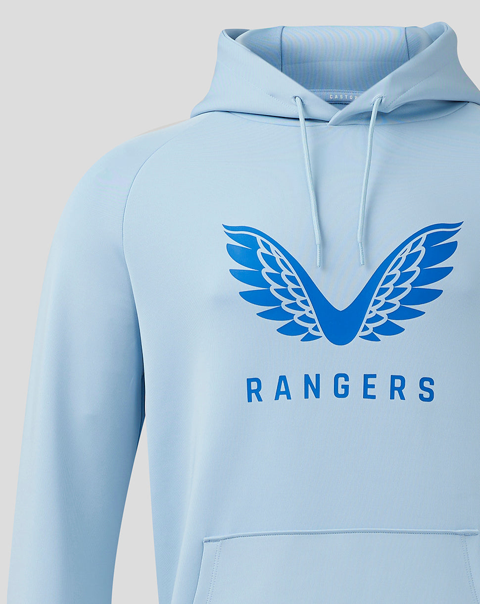 Close up of Rangers hoodie chest showing the blue wing logo on light blue fabric