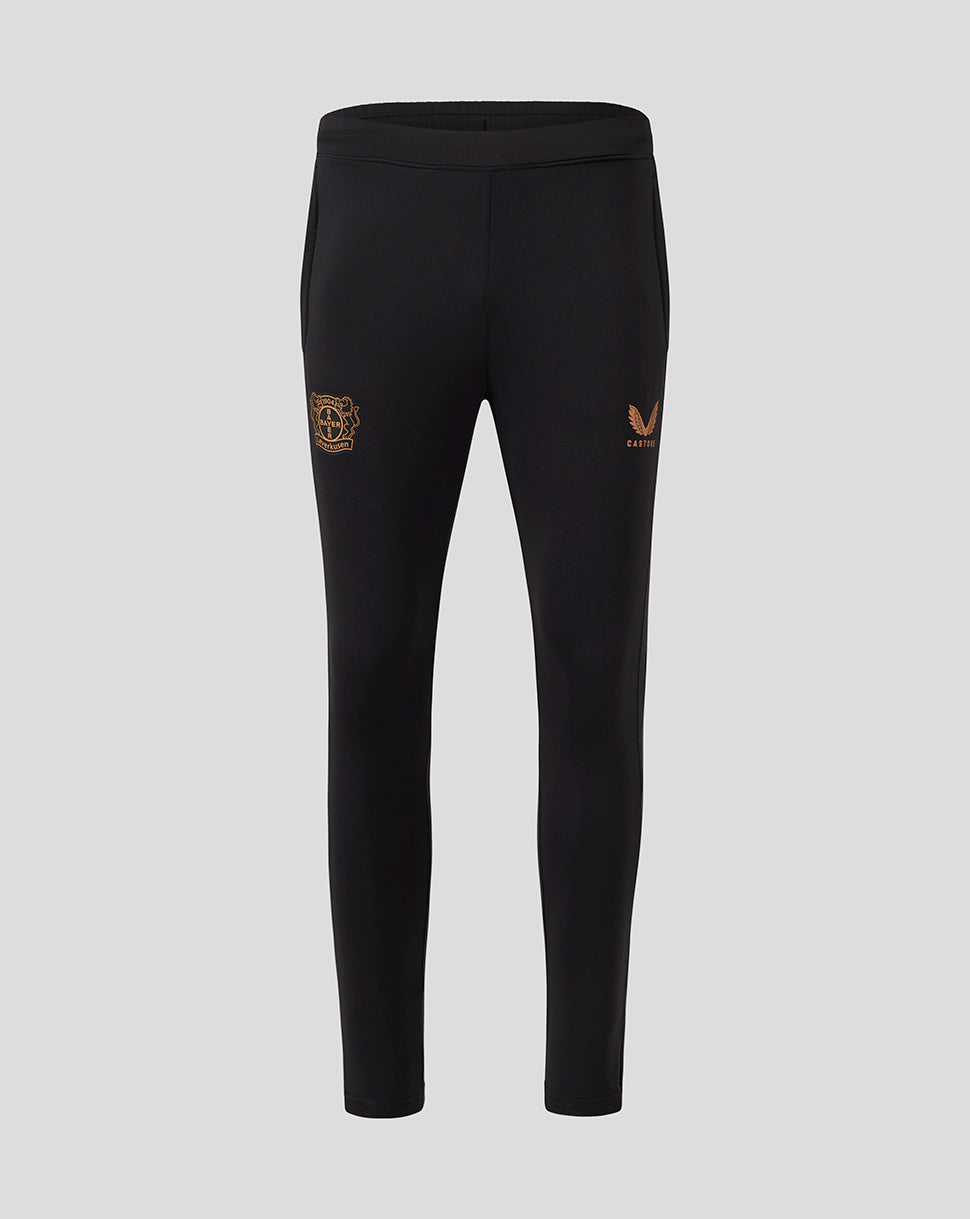 Black Bayer 04 Leverkusen training pants with pockets, featuring a gold club crest on the left leg and a Castore logo on the right.