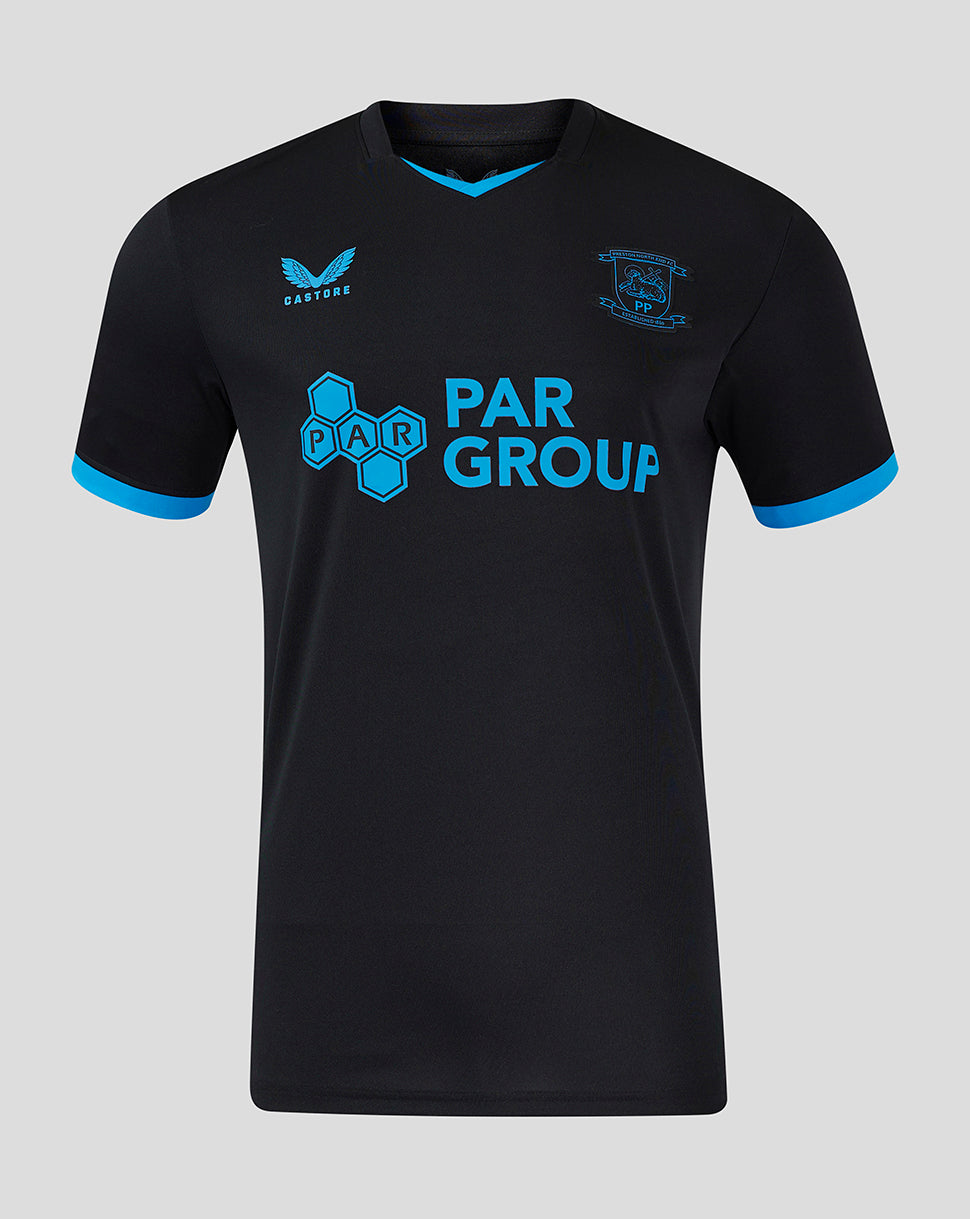 Preston North End third shirt in black with blue sleeve trim, crest left chest and PAR GROUP sponsor across the front.