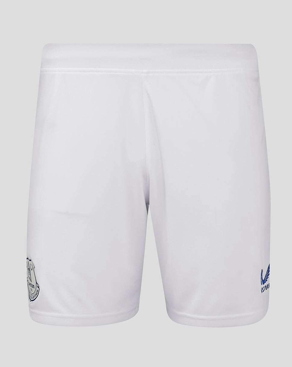 Front view of white Everton Junior 24/25 Home Shorts with the club crest on the left leg