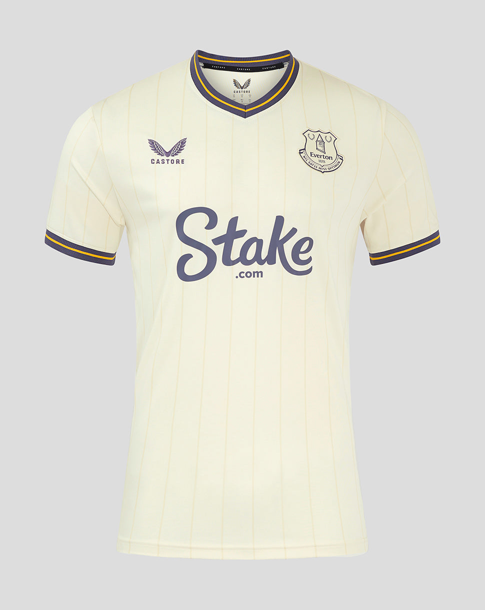 Cream Everton 24/25 third shirt with vertical pinstripes, navy and yellow trim on the collar and sleeves, crest on chest and Stake sponsor across front.