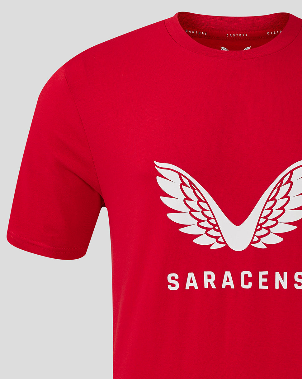Red Saracens Junior training tee with a large white wing emblem and SARACENS lettering
