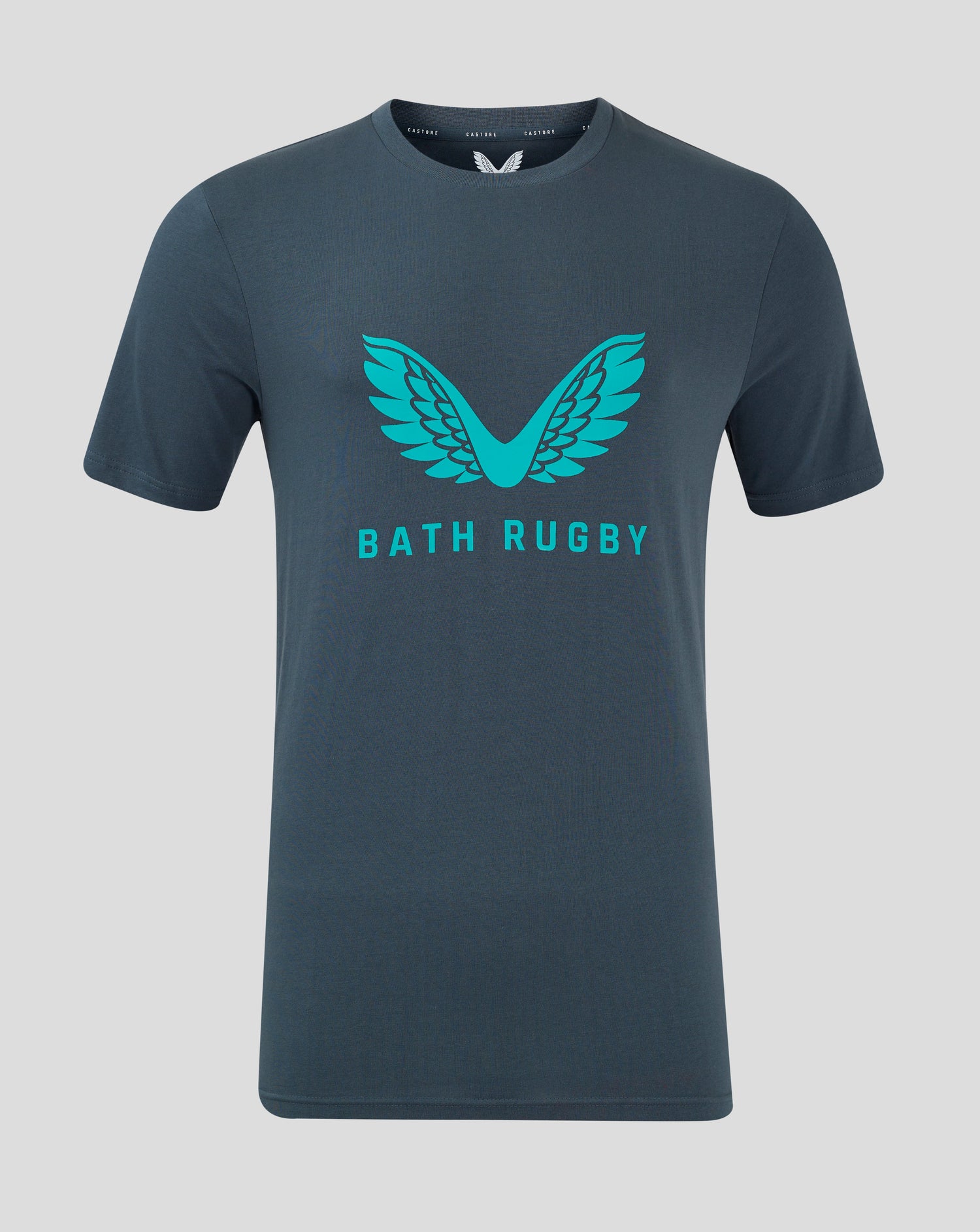 Junior Bath Rugby logo T-shirt in dark slate with viridian green wing on the chest, round neck and dropped hem.