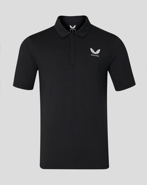 Black men's short sleeve polo with white chest logo and visible inner neck label