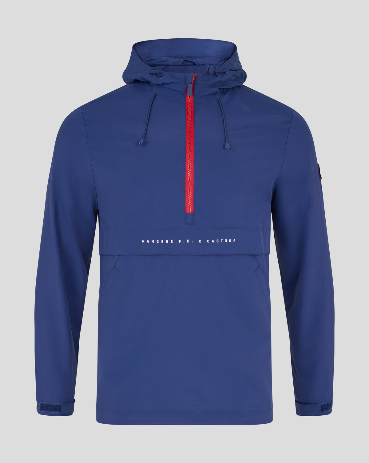 Blue Rangers Men's Anorak front view with a red center zipper and hood drawstrings