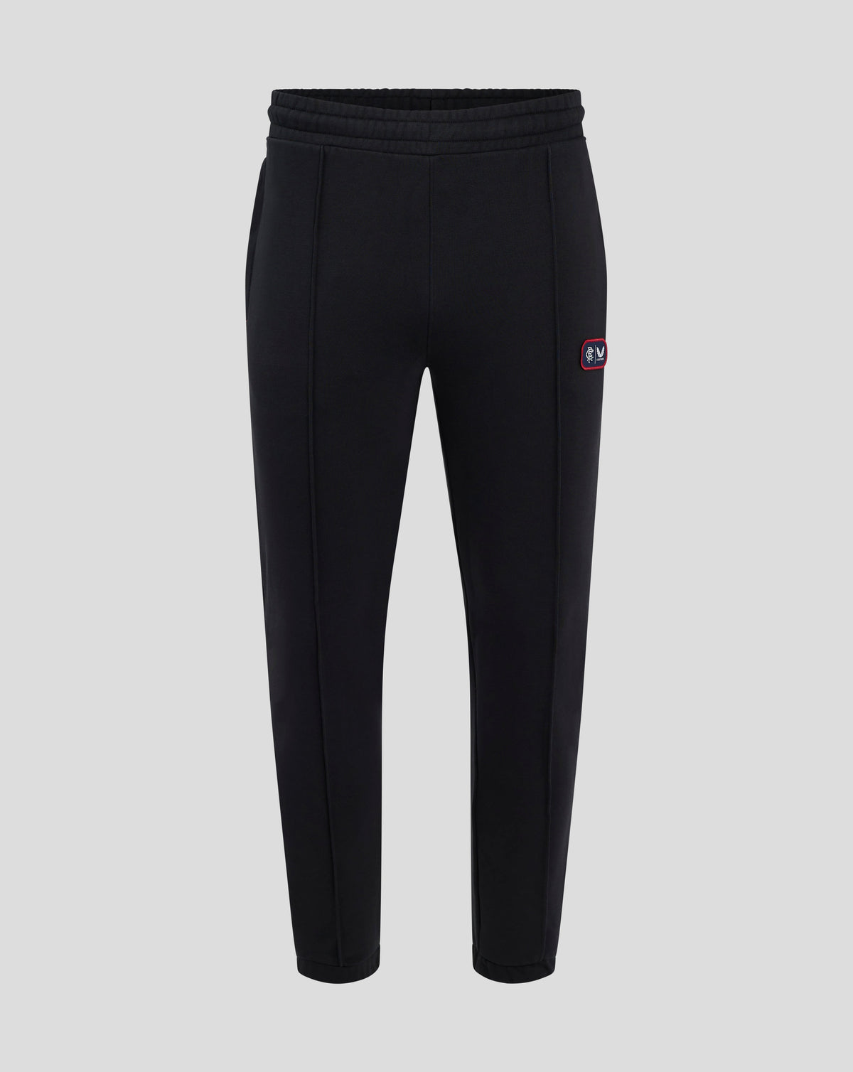Front view of black Rangers FC lifestyle joggers showing a dual badge on the left thigh.