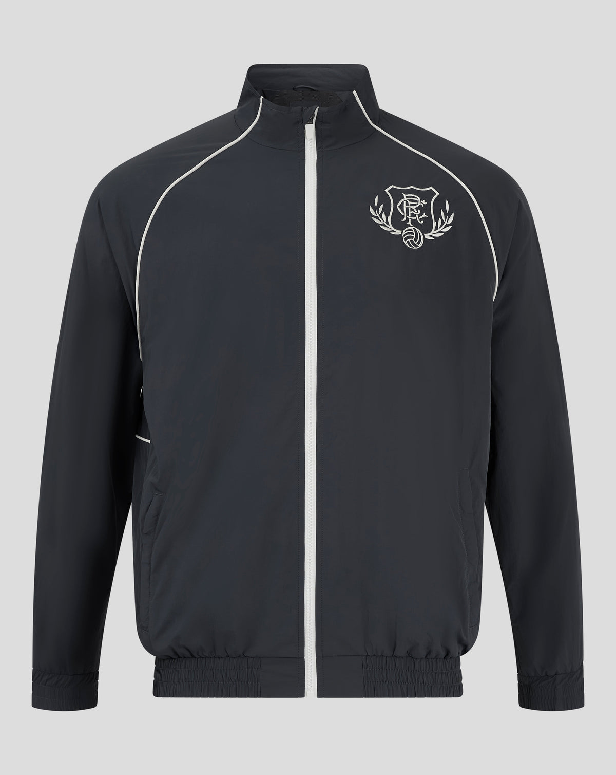Front of dark navy Rangers Men's 24/25 Contemporary Track Jacket with white piping and crest on the left chest