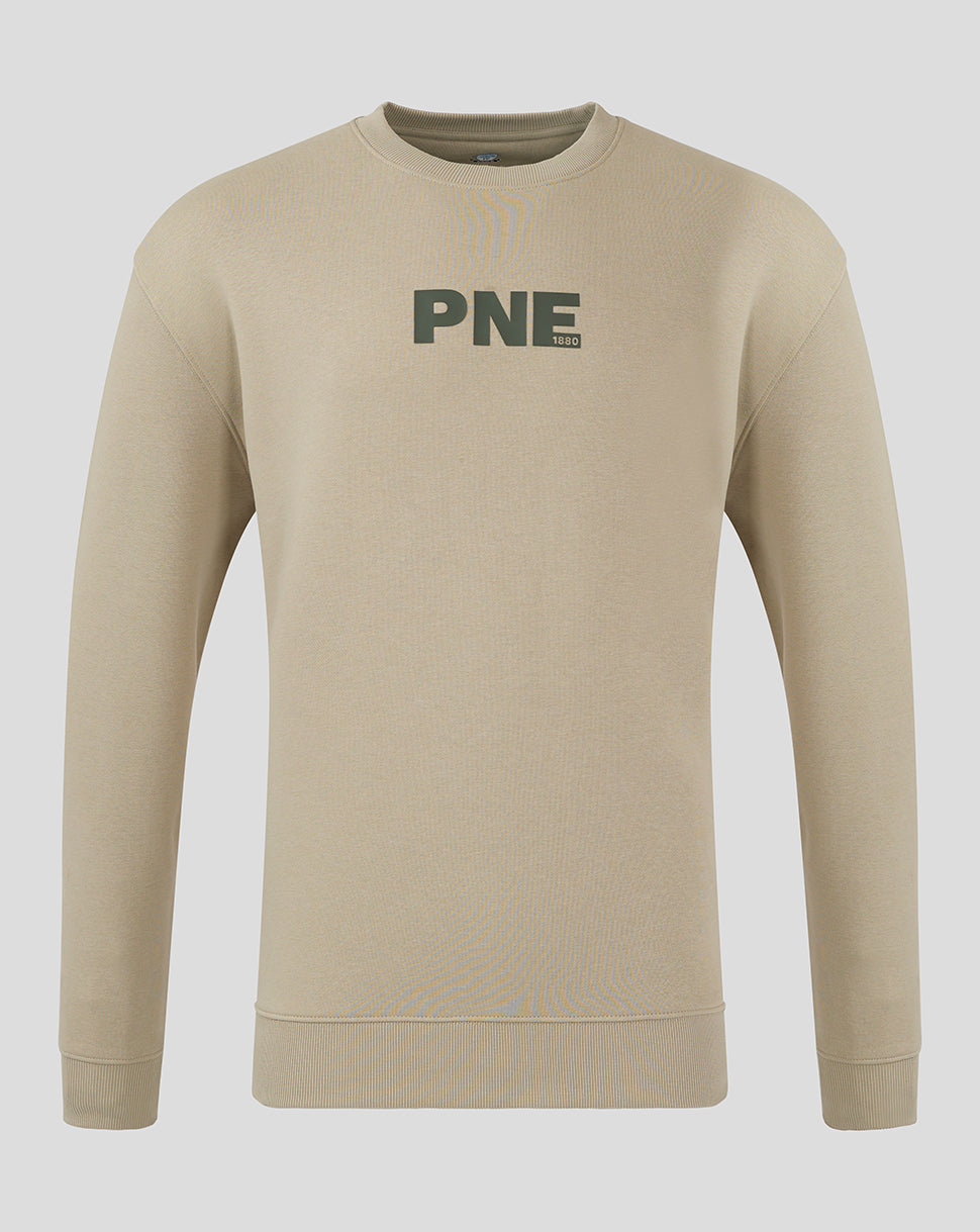 Beige stone crewneck sweatshirt with dark green PNF 1880 logo across the chest.