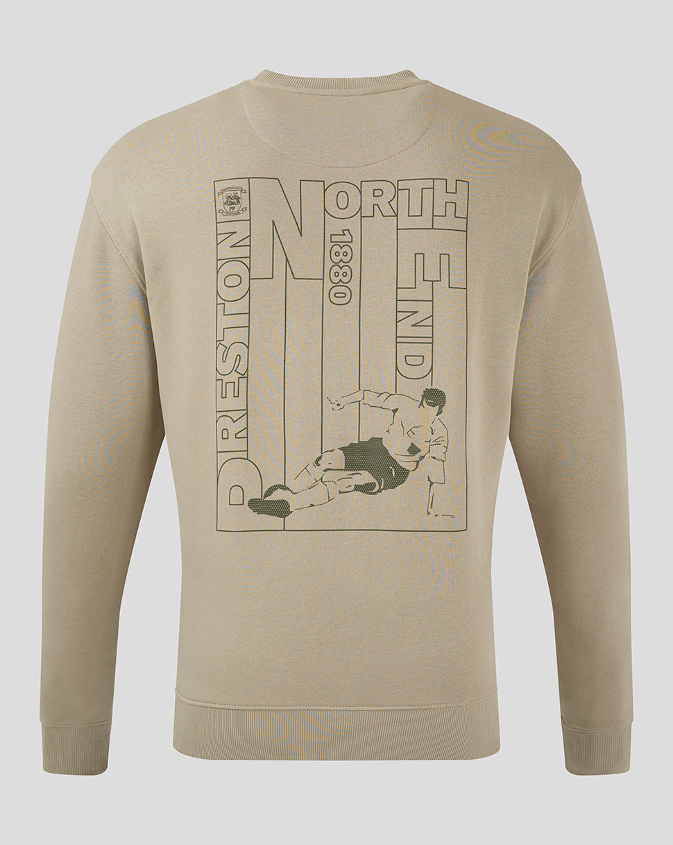 Back view of stone colored men's sweatshirt featuring a large North End graphic and illustration.