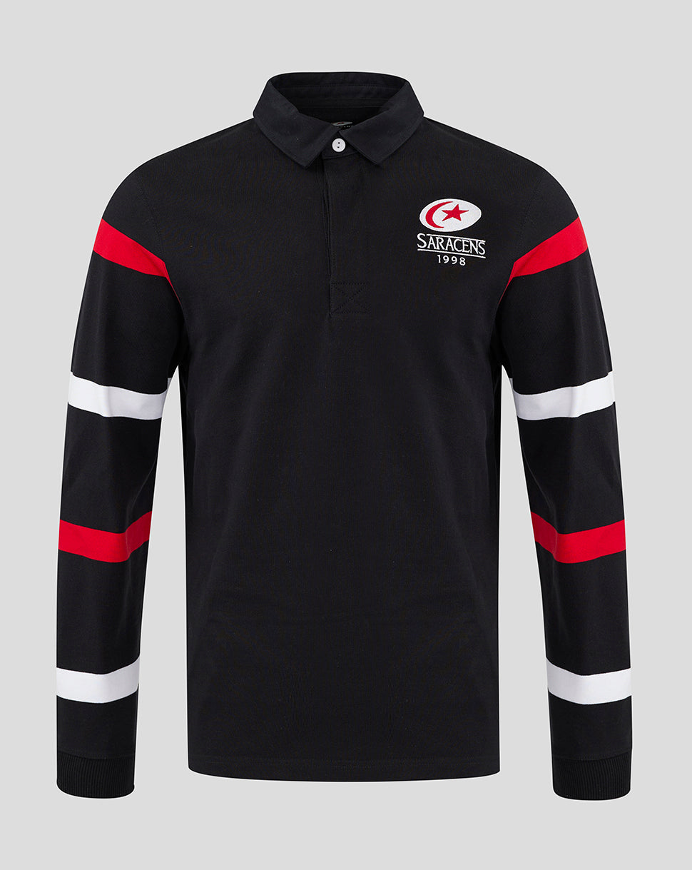 Saracens retro rugby jersey in black with red and white striped sleeves and crest
