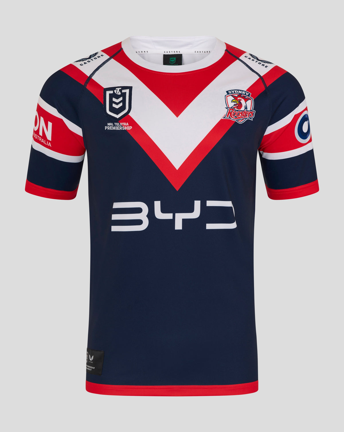 Front view of Sydney Roosters 2025 men's home jersey featuring bold red white navy chevron design and team crest