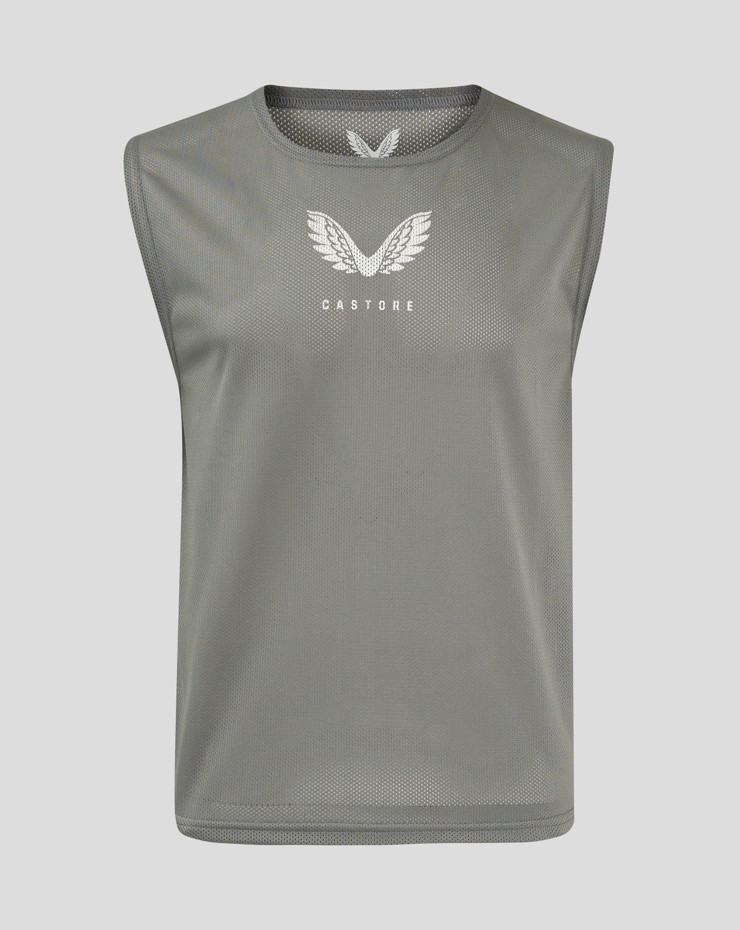 Front view of gray sharkskin junior training bib with scoop neckline mesh fabric and Castore logo