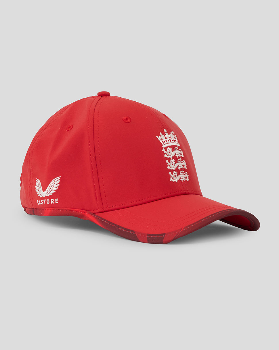 Red cap with white logo on a gray background
