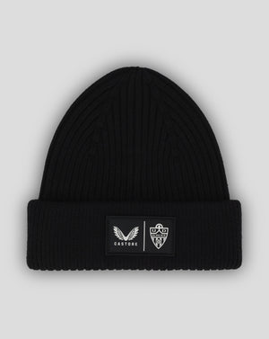 Black knit beanie with folded cuff and patch showing Castore logo and Almeria crest
