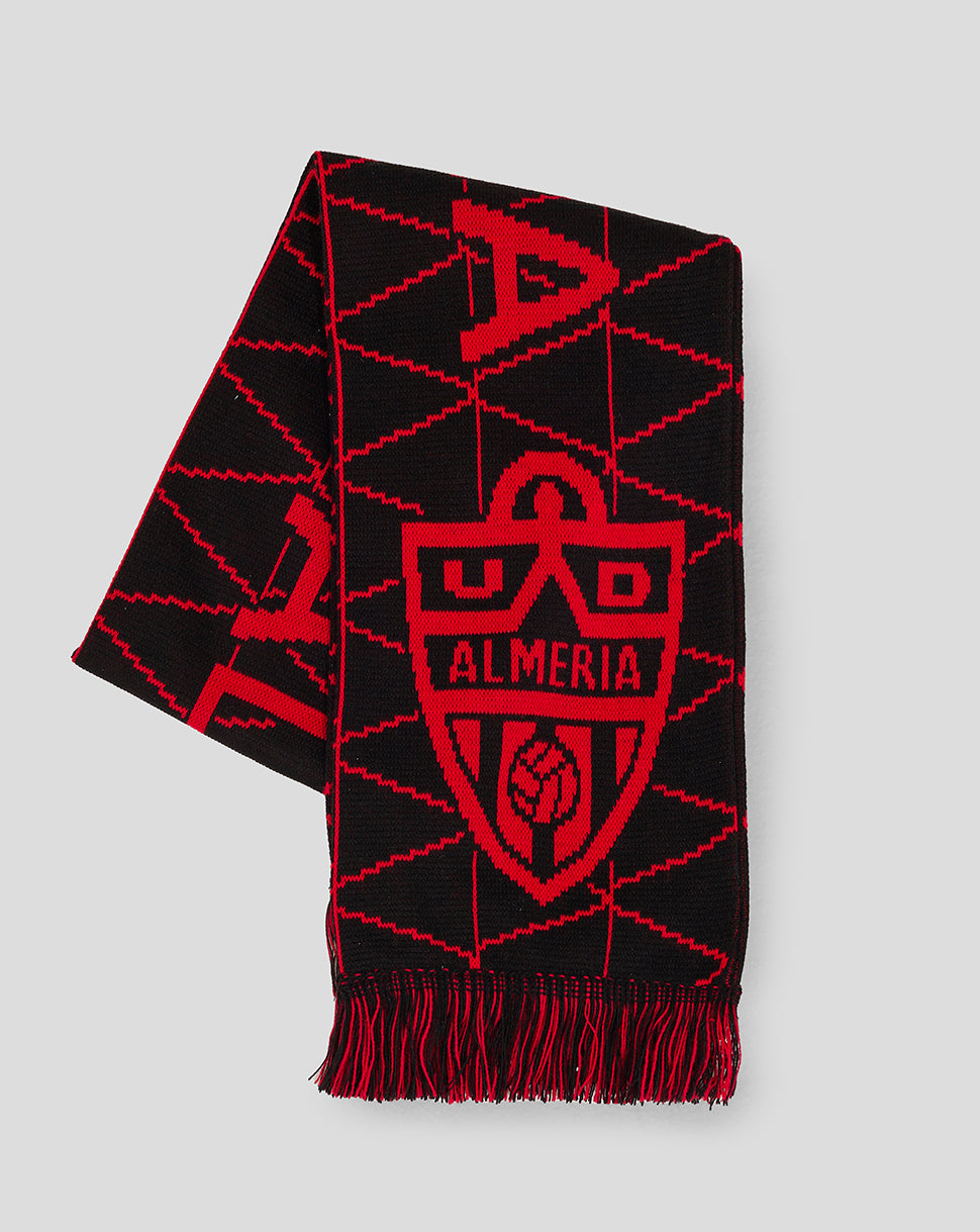 Almeria Match Scarf in black with red geometric pattern and crest logo, fringed ends.