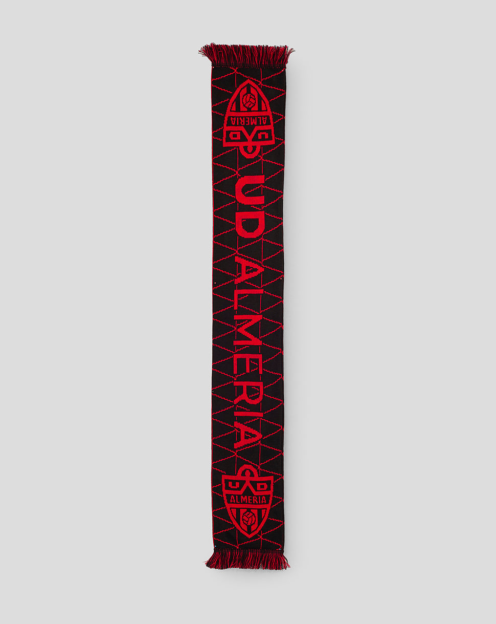 Almeria match scarf black with red geometric pattern crest and fringed ends