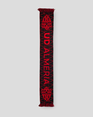 Almeria match scarf black with red geometric pattern crest and fringed ends