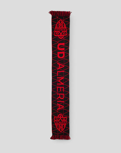 Almeria match scarf black with red geometric pattern crest and fringed ends