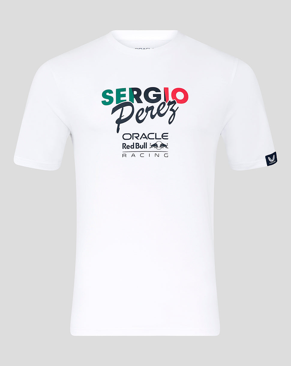 Unisex white T shirt with bold Sergio Perez flag logo on chest.