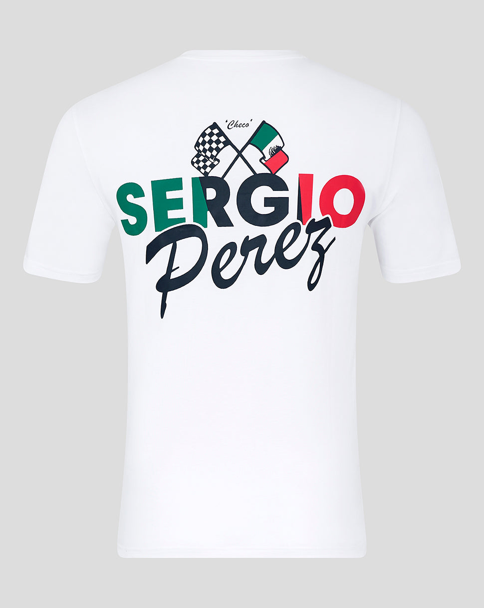 Back view of white Sergio Perez flag T shirt showing large colorful logo and checkered flag graphic.
