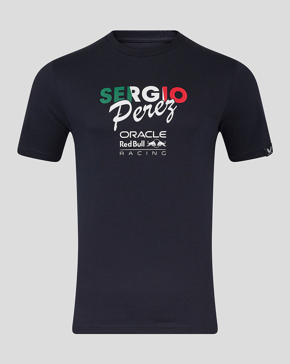 Night Sky navy Sergio Perez flag T shirt with bold chest graphic and sponsor logos