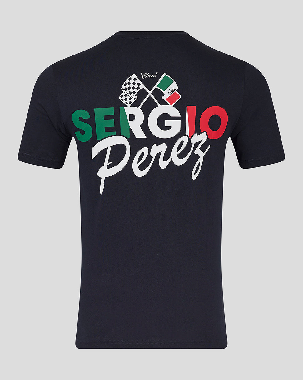 Back view of night sky navy T shirt with bold Sergio Perez graphic and crossed flags.