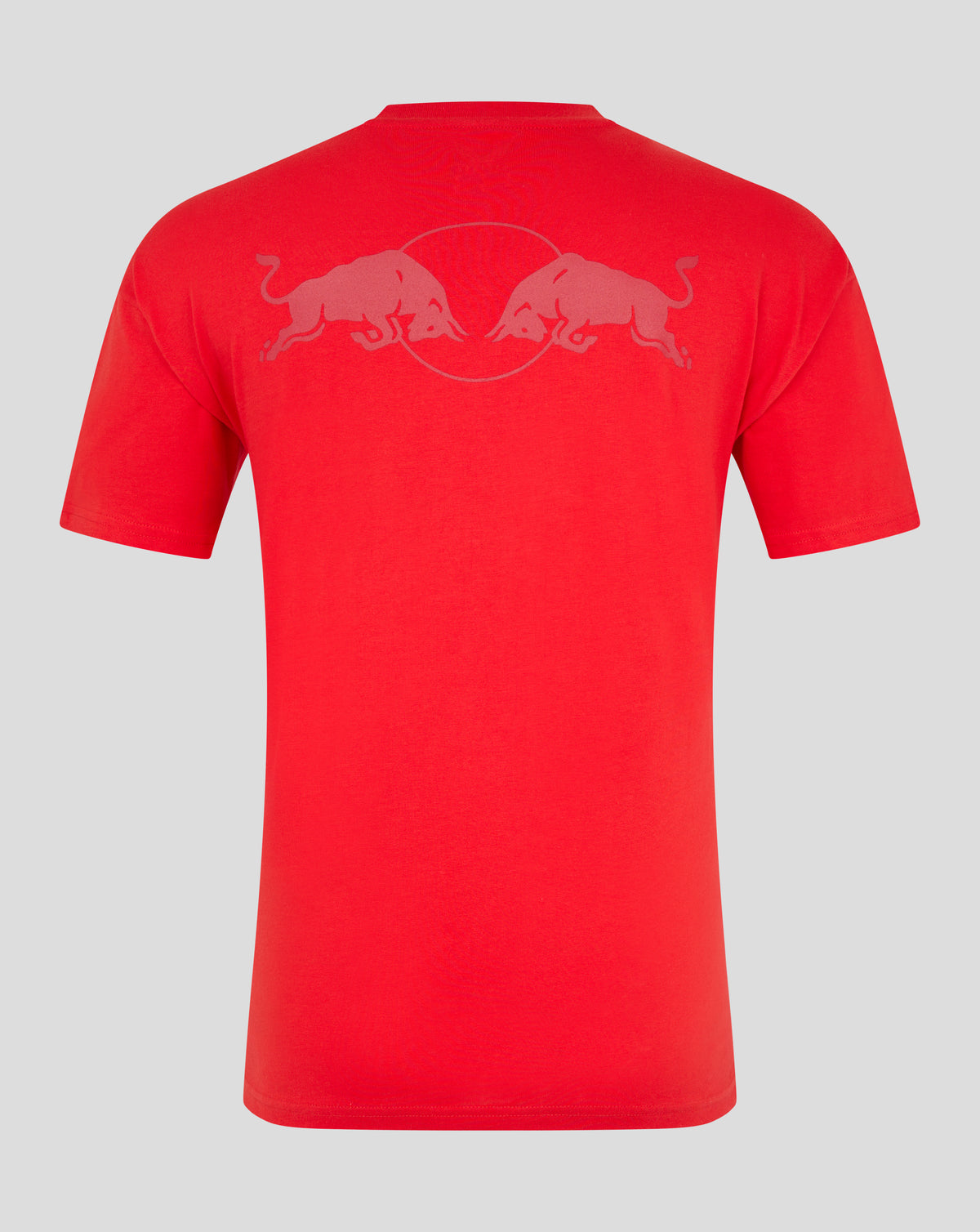 Back view of flame scarlet T shirt with Red Bull bulls logo inside a circle across the upper back