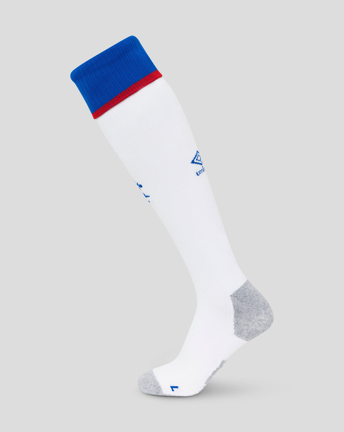 Rangers away socks in white with blue cuff and red stripe, featuring a small blue crest near the ankle