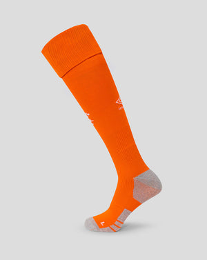 Bright orange Rangers 25/26 adult third goalkeeper sock, knee high with gray heel and toe.
