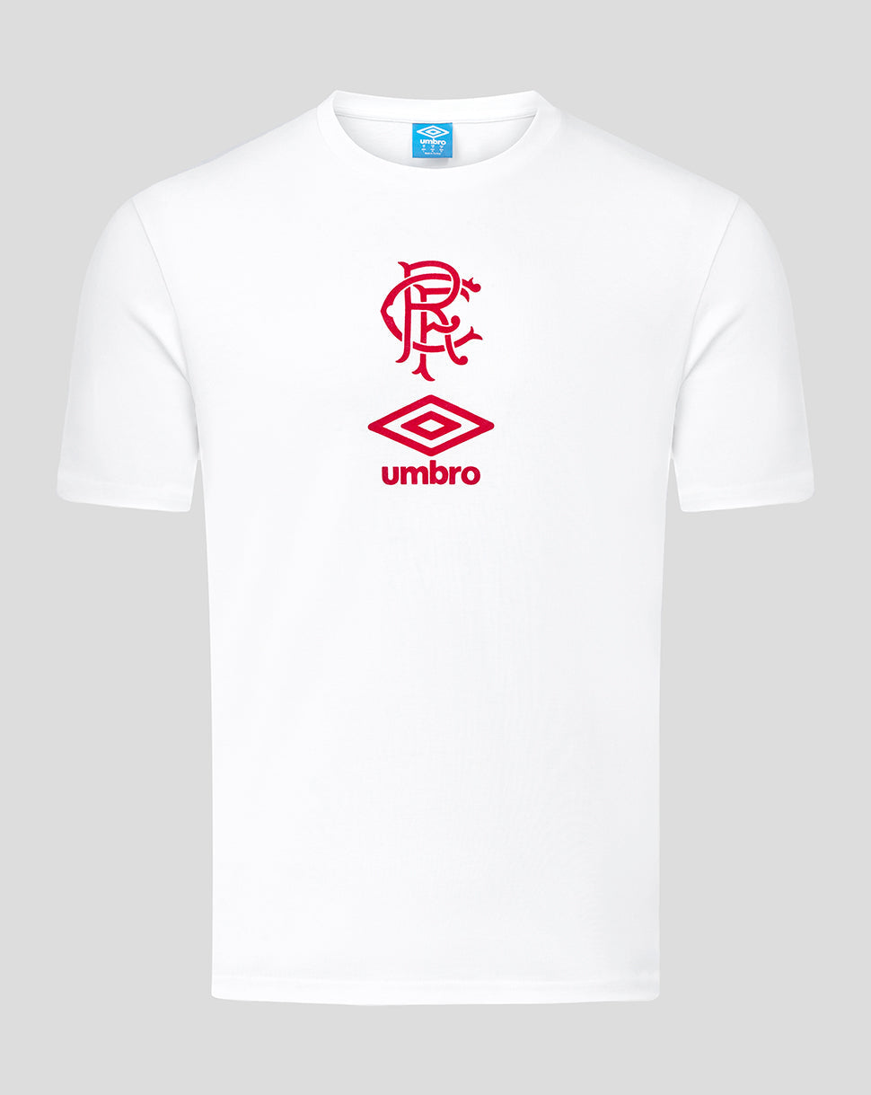 White short sleeve T shirt with red Rangers crest and Umbro logo on chest