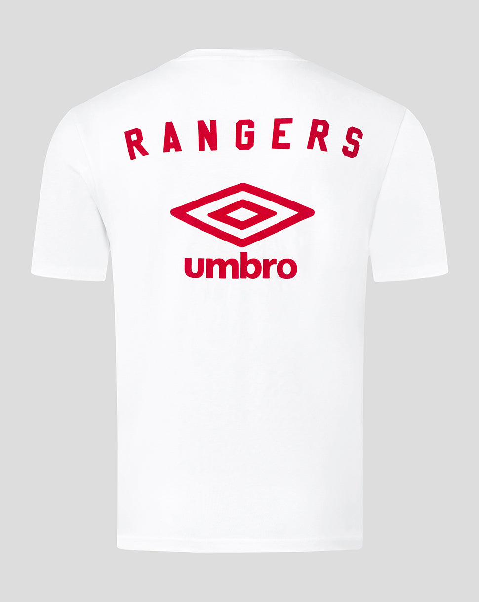 Back view of white Rangers junior tee with red RANGERS lettering and Umbro emblem