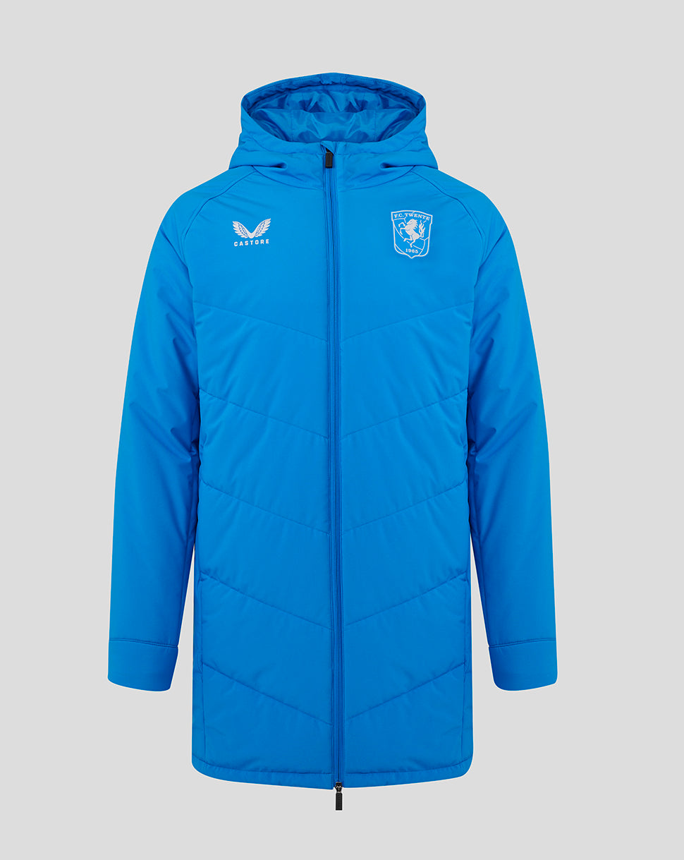 Bright blue FC Twente padded performance jacket with hood, Castore logo on the left chest and club crest on the right