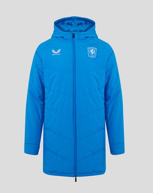 Bright blue FC Twente padded performance jacket with hood, Castore logo on the left chest and club crest on the right
