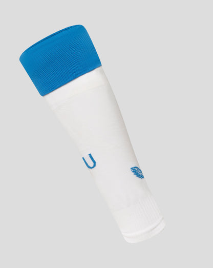 Close up of white knee high sock with royal blue ribbed cuff