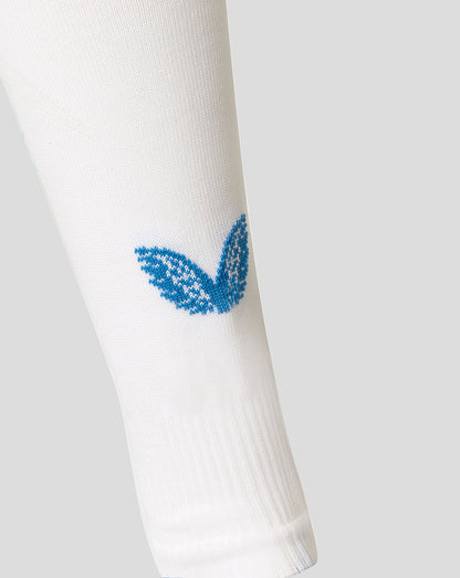 White FC Utrecht sock with blue leaf logo near the ankle