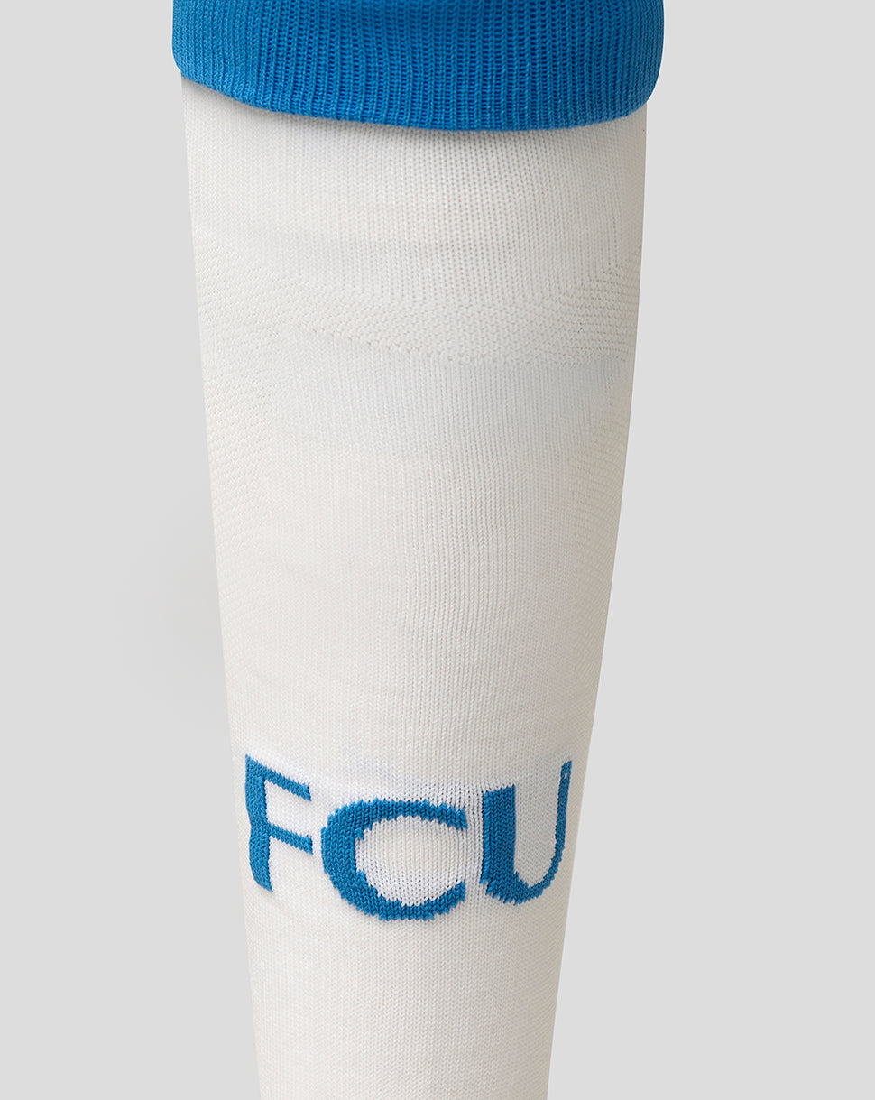 White FC Utrecht sock on leg with blue cuff and visible FCU lettering