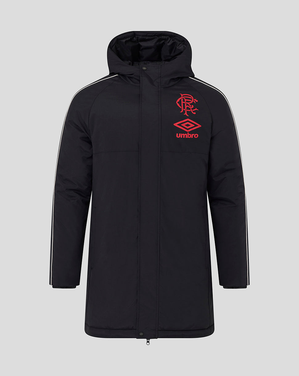 Front view of black Rangers travel bench jacket with hood red Rangers crest and Umbro logo