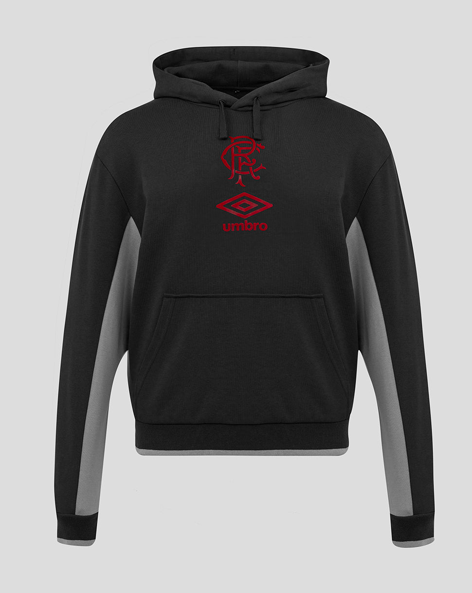 Front view of Rangers Junior 25/26 Travel Hoodie in black with red club crest and Umbro logo