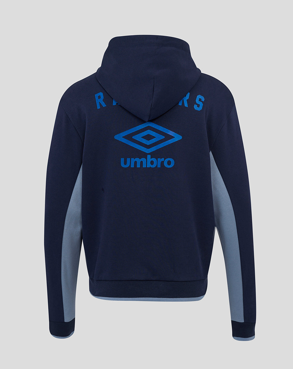 Back view of navy Rangers Travel Hoodie with blue Umbro logo and club crest on the back.