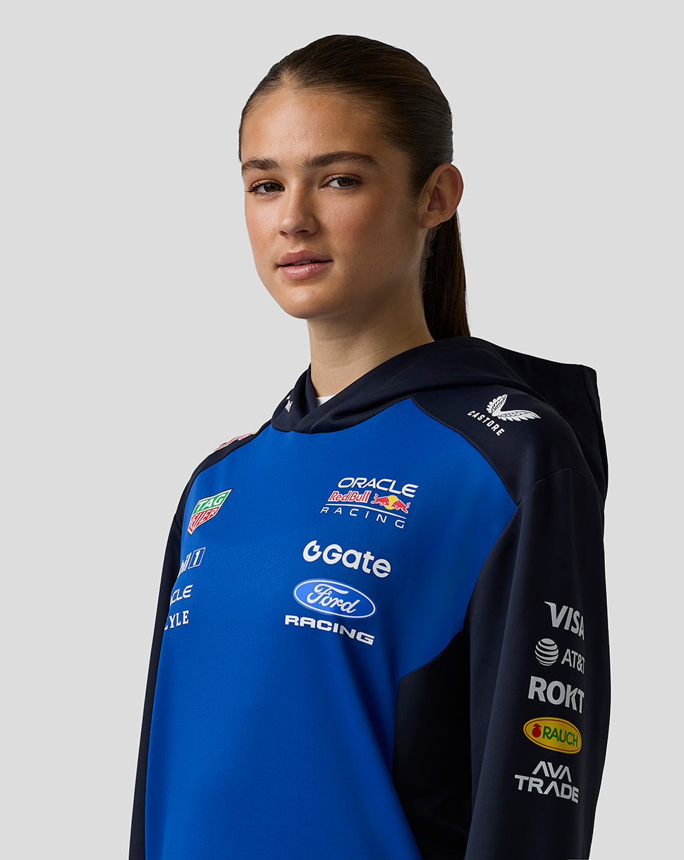 Person wearing a blue and black hoodie with various brand logos on a gray background