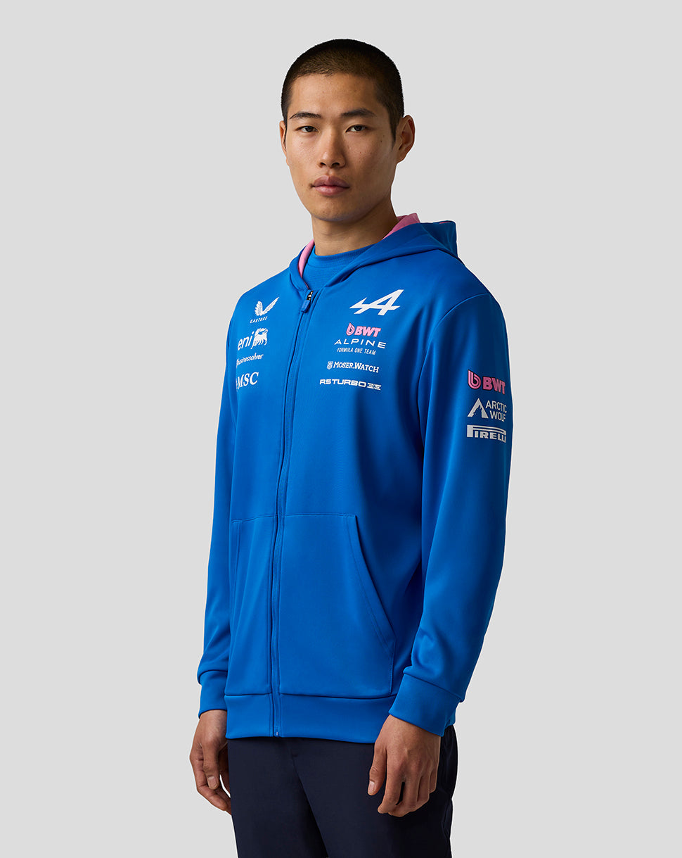 Blue official Junior BWT Alpine Formula One Team zip hoodie worn by a model front view with team logos on the chest