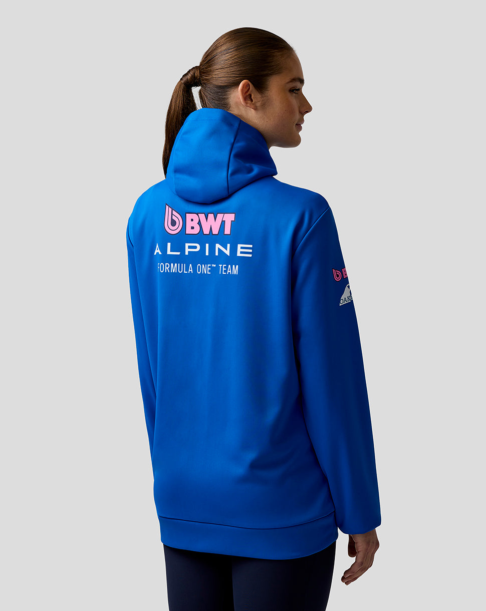 Back view of a blue Official Junior BWT Alpine Formula One Team hoodie with a pink BWT logo and ALPINE text across the upper back.