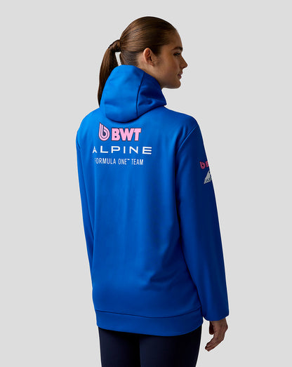 Back view of a blue Official Junior BWT Alpine Formula One Team hoodie with a pink BWT logo and ALPINE text across the upper back.