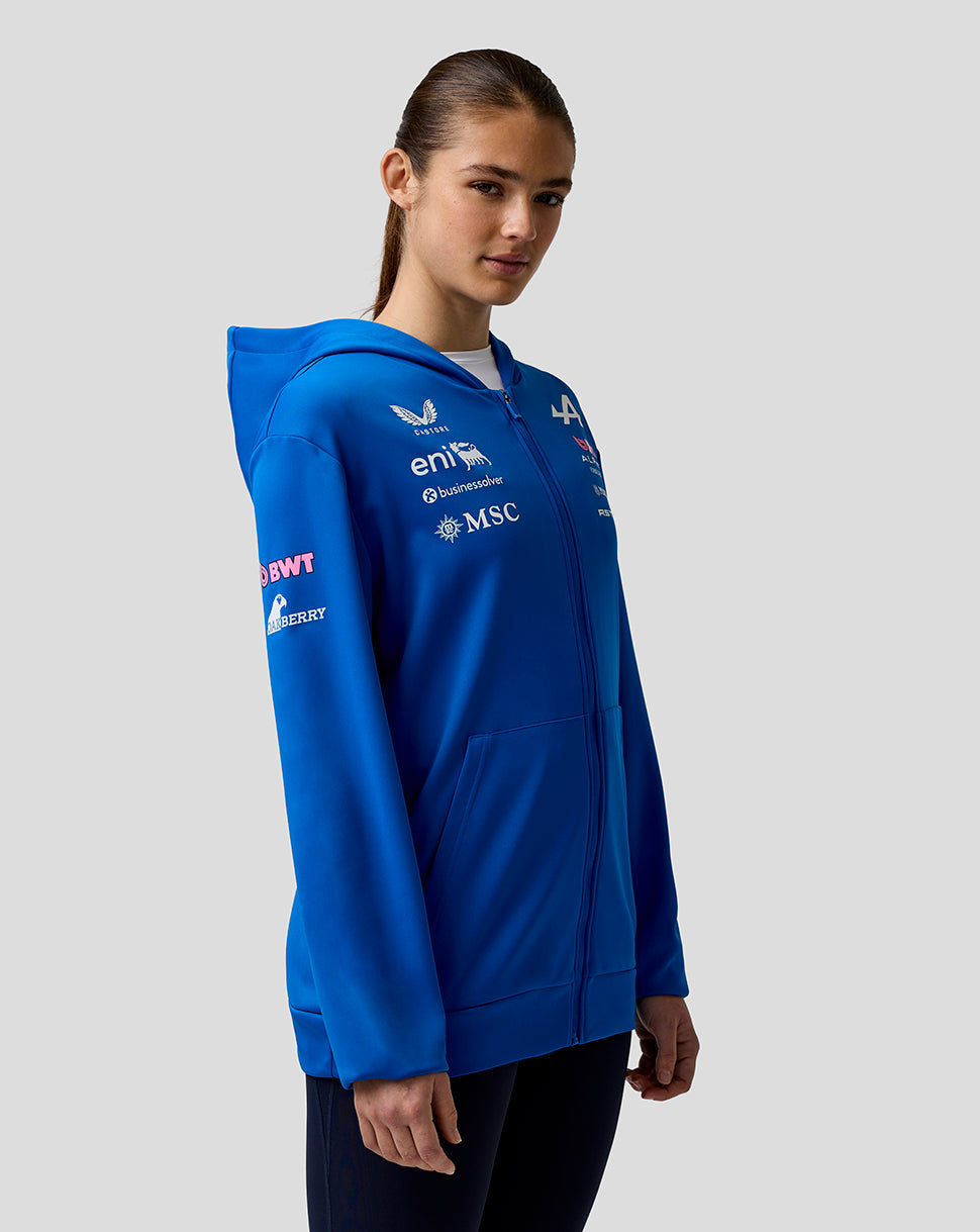 Bright blue BWT Alpine zip hoodie on a model with chest logos and a kangaroo pocket
