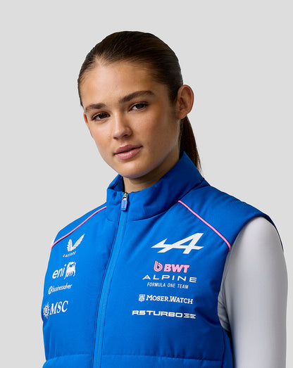 Blue BWT Alpine Formula One Team gilet on a model with chest logos and front zipper