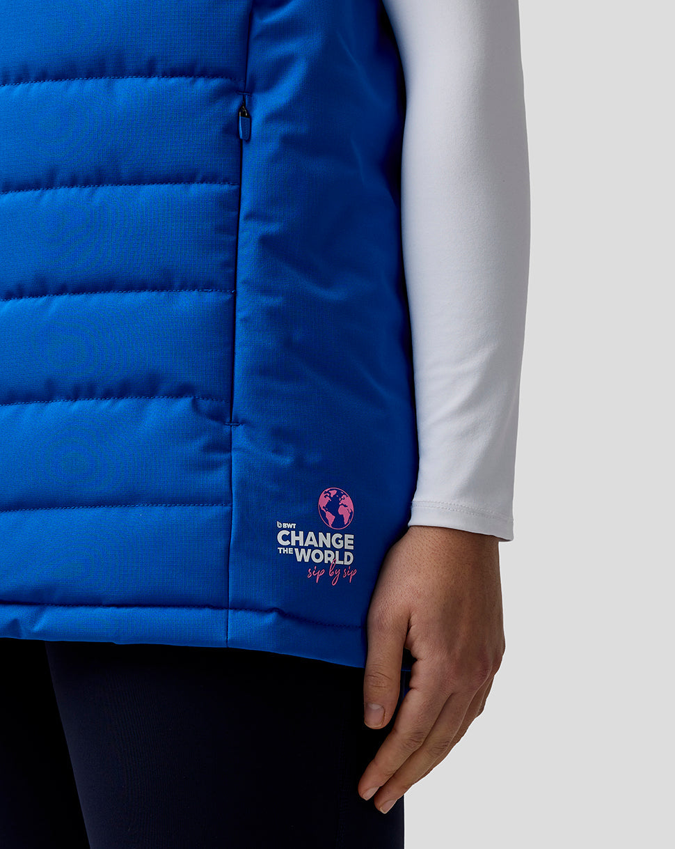 Blue BWT Alpine gilet with Change the World logo on the lower front panel.